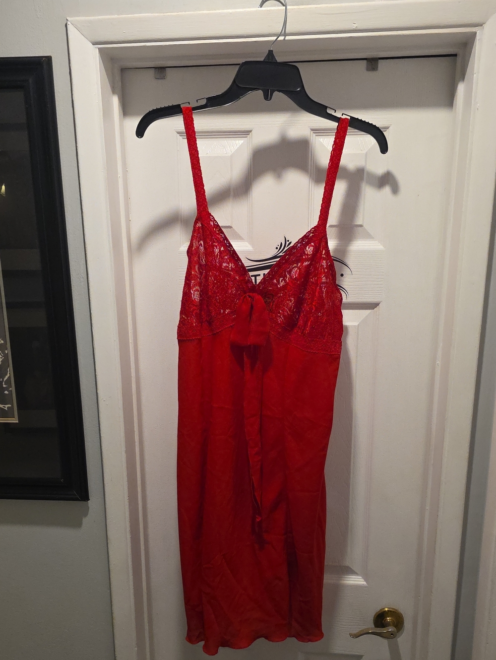 Lace-Trim Red Satin Chemise with Bow Detail - Women's Intimates